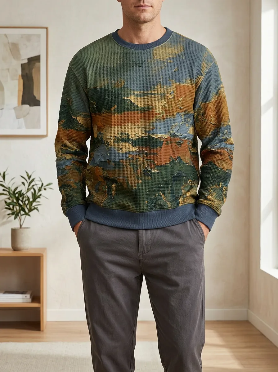 Men's Multicolor Abstract Waffle Crewneck Pullover Sweatshirt