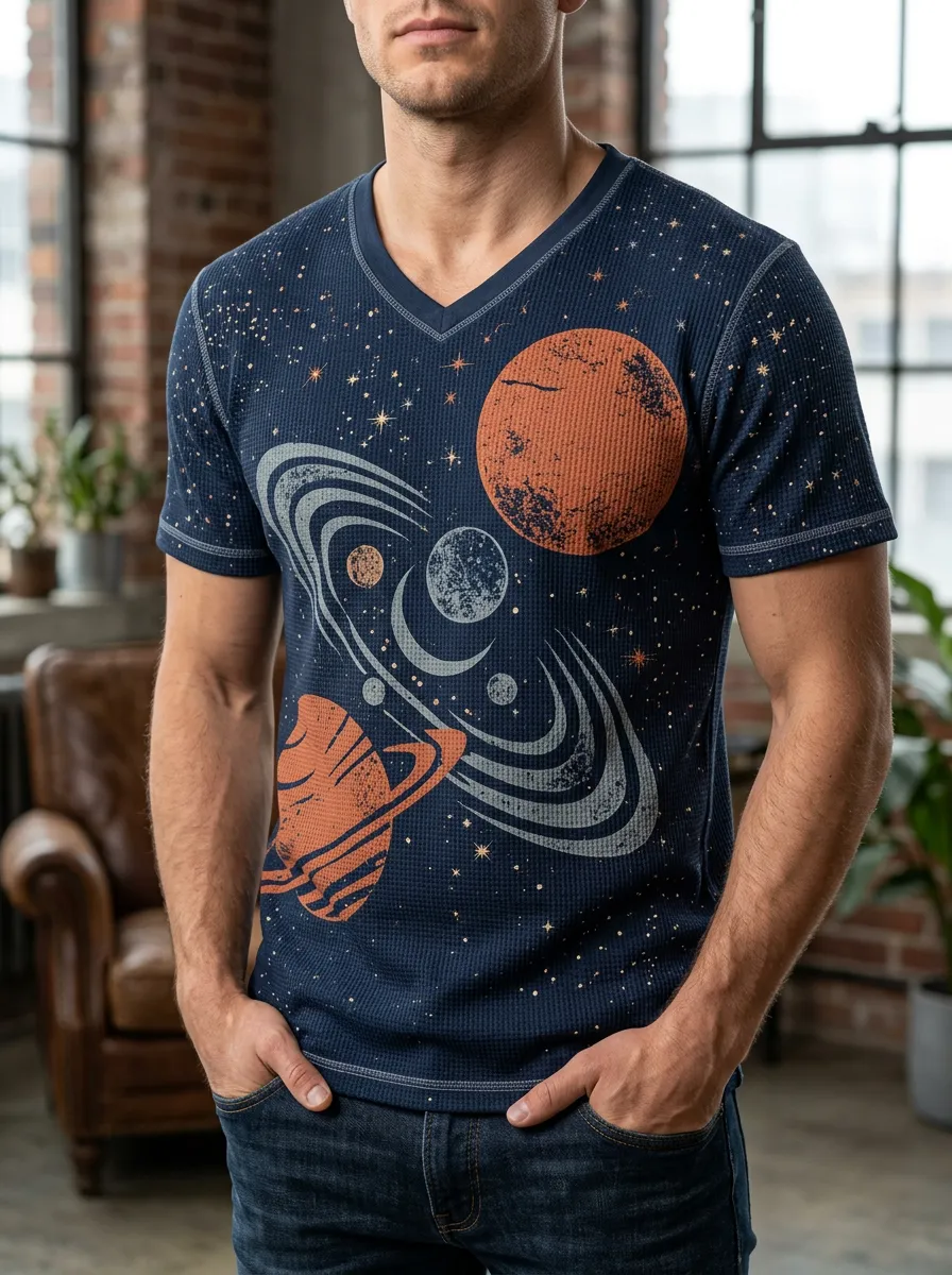 Men's Celestial Space Astronomy Planet V-Neck T-Shirt