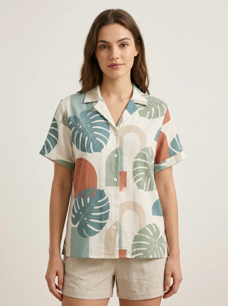 Women's Tropical Botanical Abstract Printed Button-up Shirt