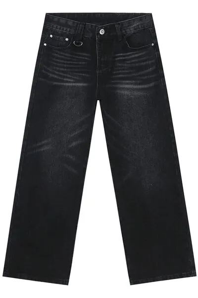 Washed Pocketed Stretch Wide Straight Jeans
