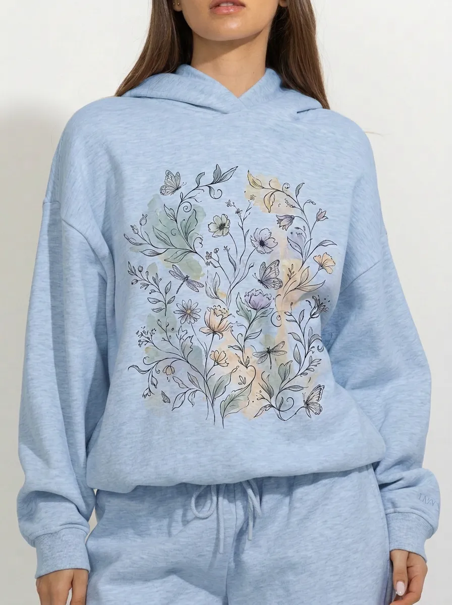 Women's Botanical Butterfly Dragonfly Watercolor Printed Hoodie