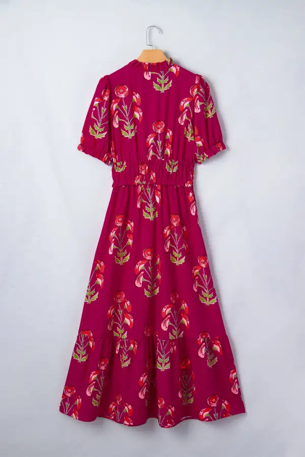 Gathered Detail Floral Printed V Neck Maxi Dress