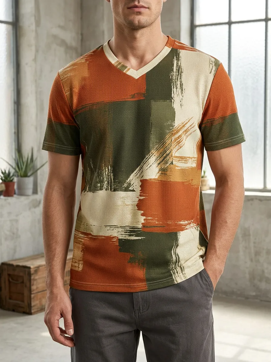 Men's Expressive Abstract Brushstroke Pattern V-Neck T-Shirt