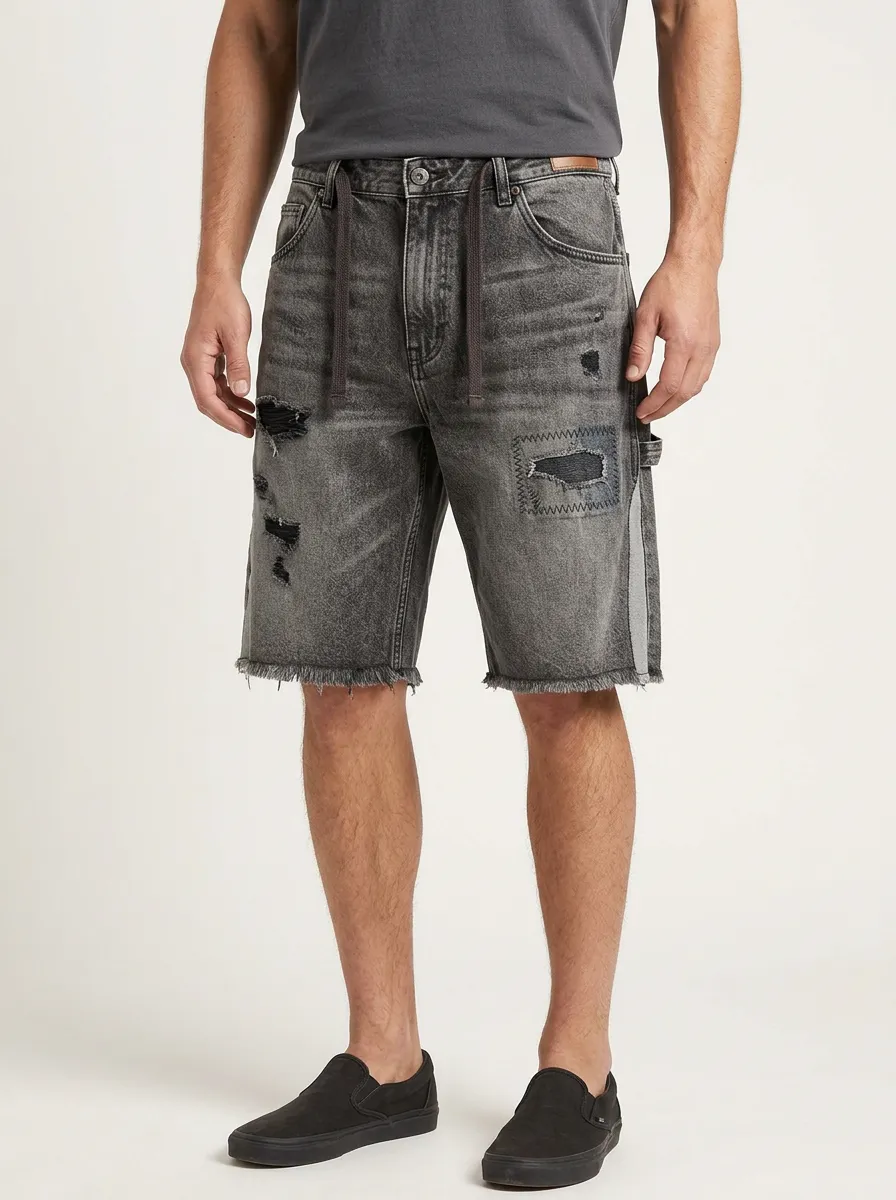 Mobility-Focused Streetwear Patchwork Field Style Men's Distressed Raw Hem Denim Shorts