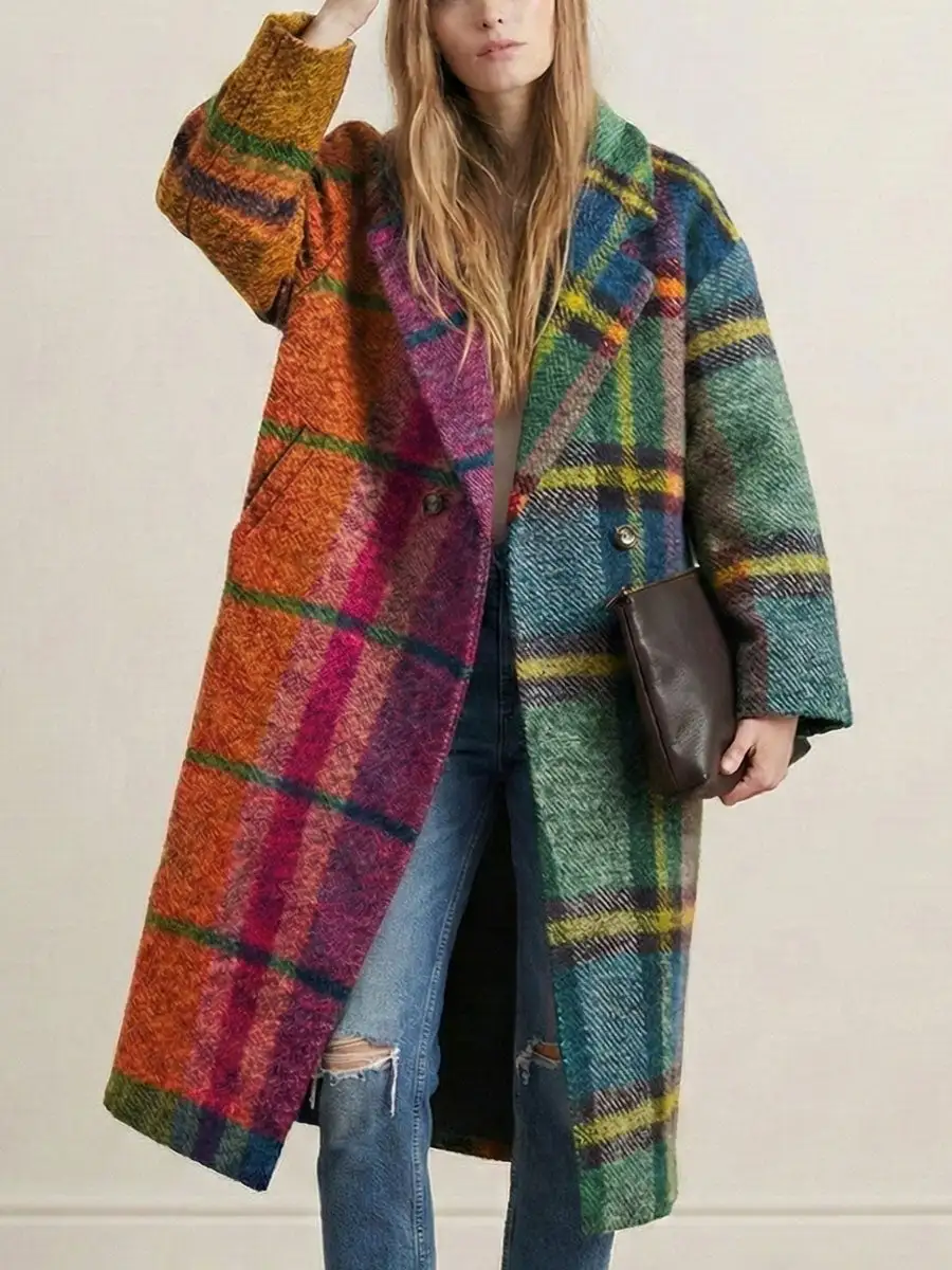Lapel Plaid Contrast-Panel Wool-Blend Relaxed Outerwear Coat