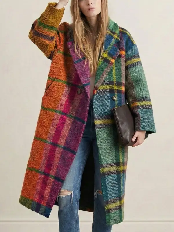 Lapel Plaid Contrast-Panel Wool-Blend Relaxed Outerwear Coat