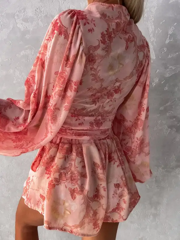 Woven Floral Long Sleeved V Neck Shorts