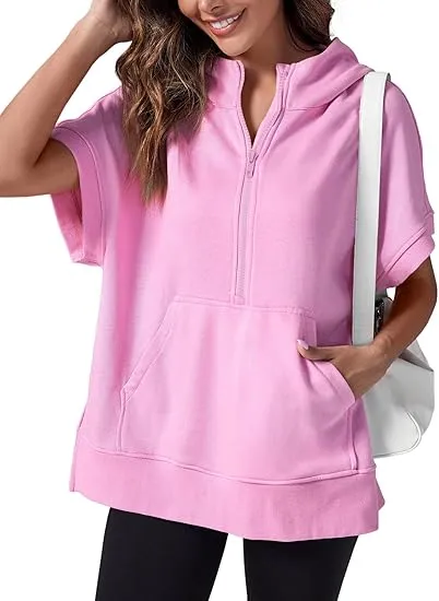 Women's Oversized Half Zip Short Sleeve Hoodie with Pockets