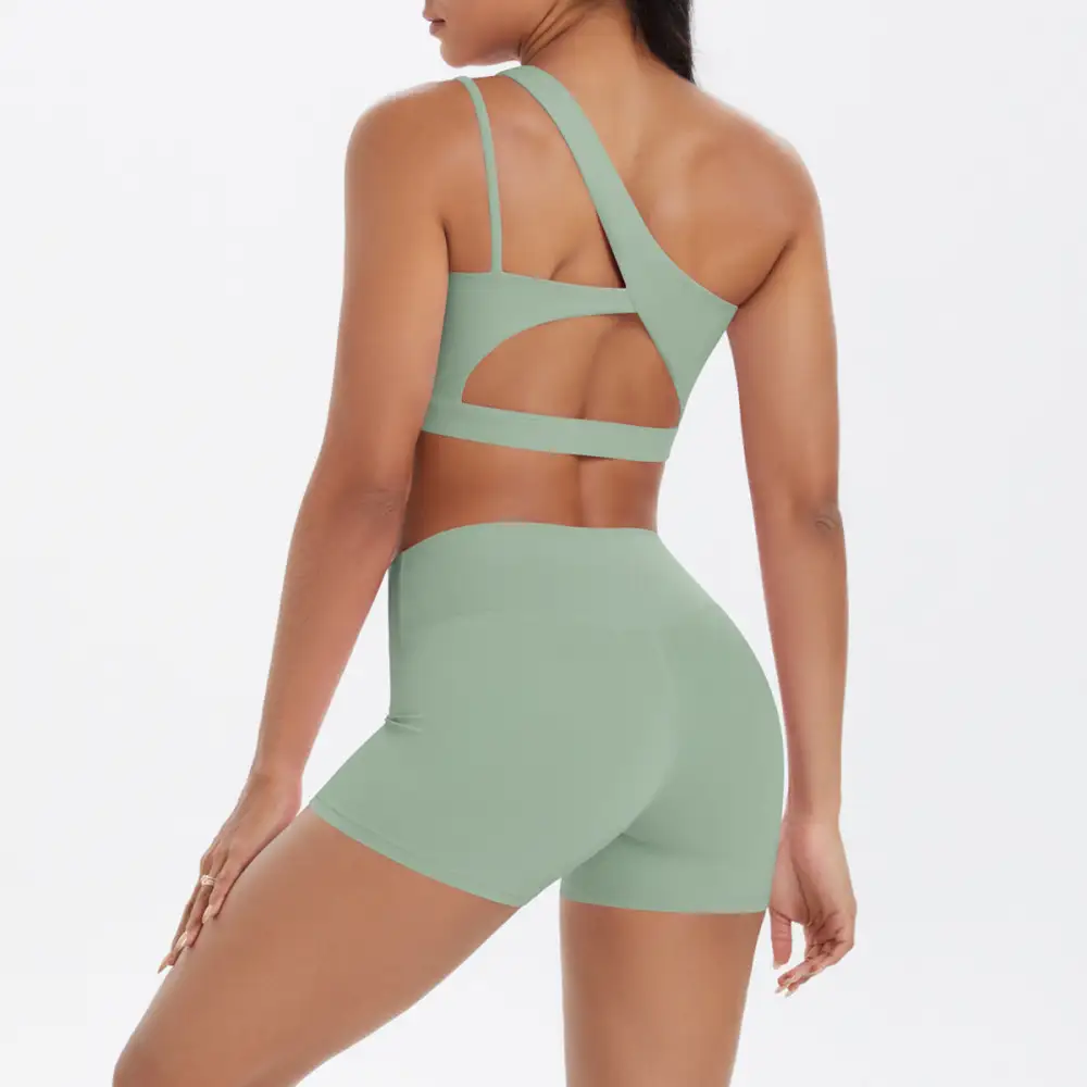 One-Shoulder Backless Bra, Vest and Shorts Active Set