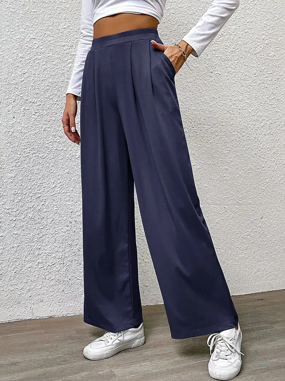 Draped High Waist Straight Leg Pants