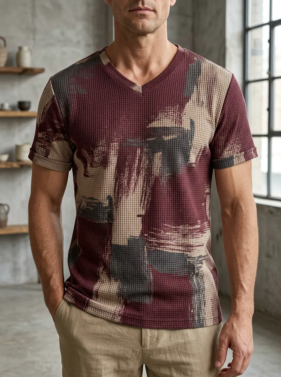 Men's Curved Abstract Brushstroke Waffle Knit V-Neck T-Shirt