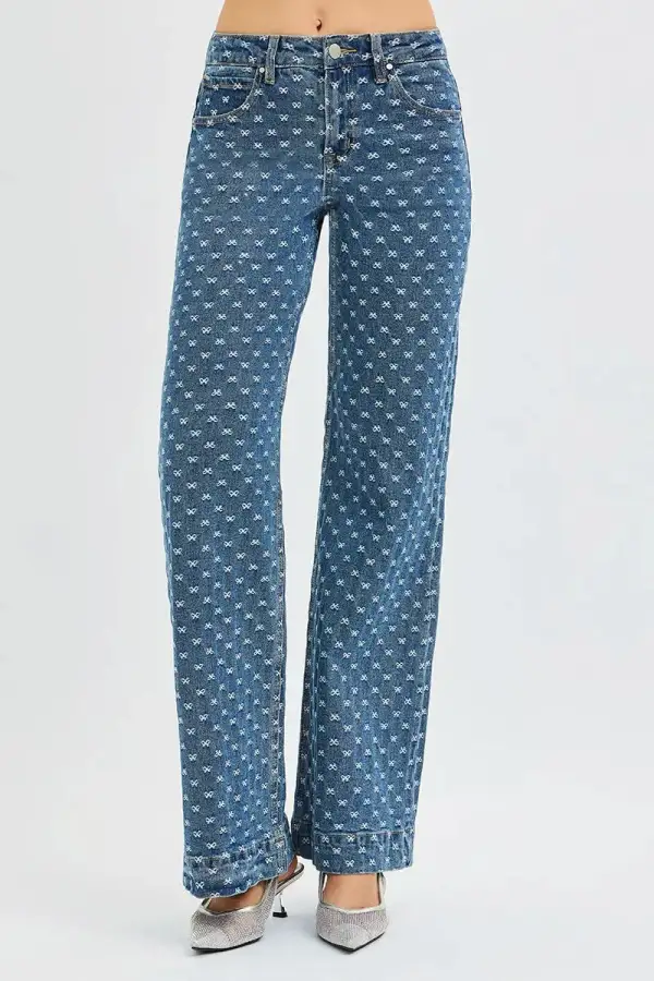 High Rise Bow Detail Embroidered Wide Leg Jeans