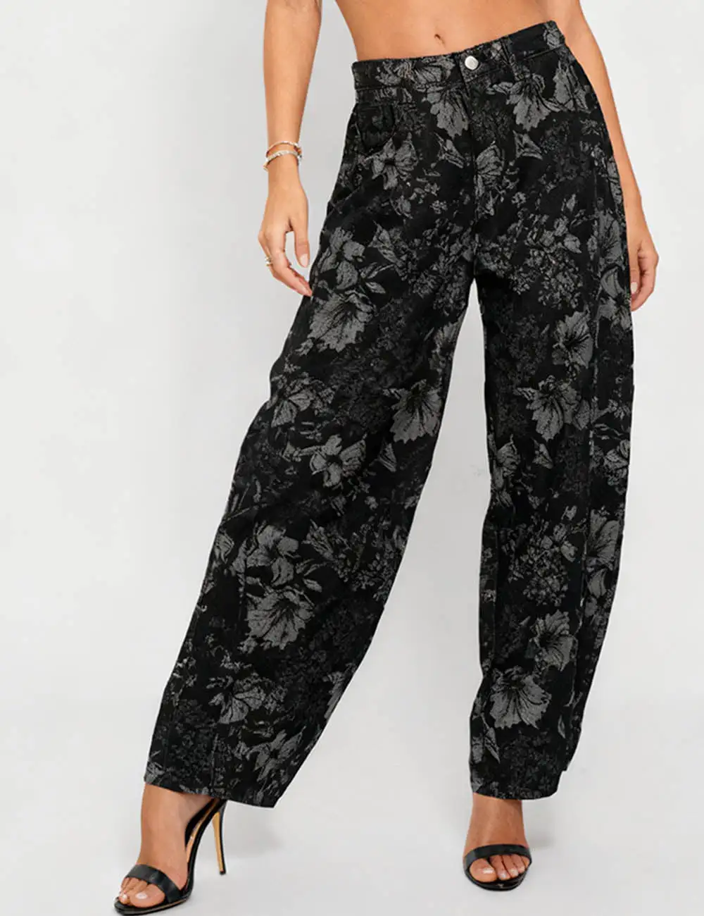 Vintage Denim Pants Floral Print Barrel Pants
