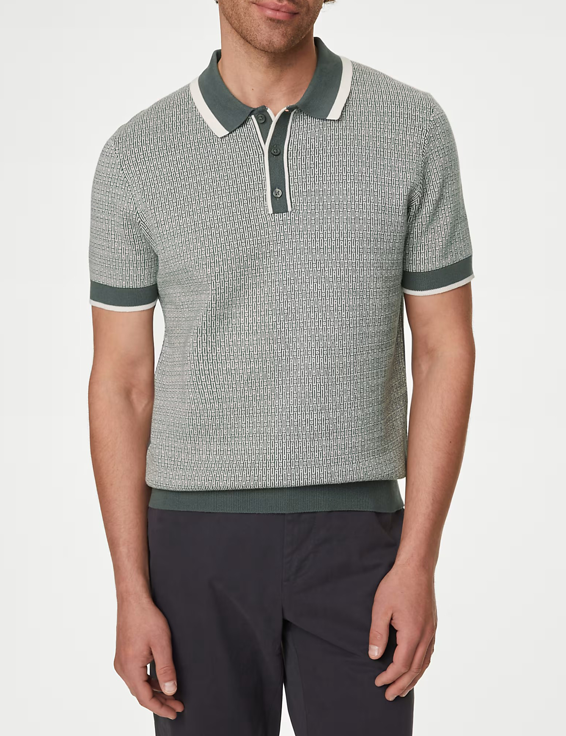 Men's Green Contrast Collar Knit Polo Shirt