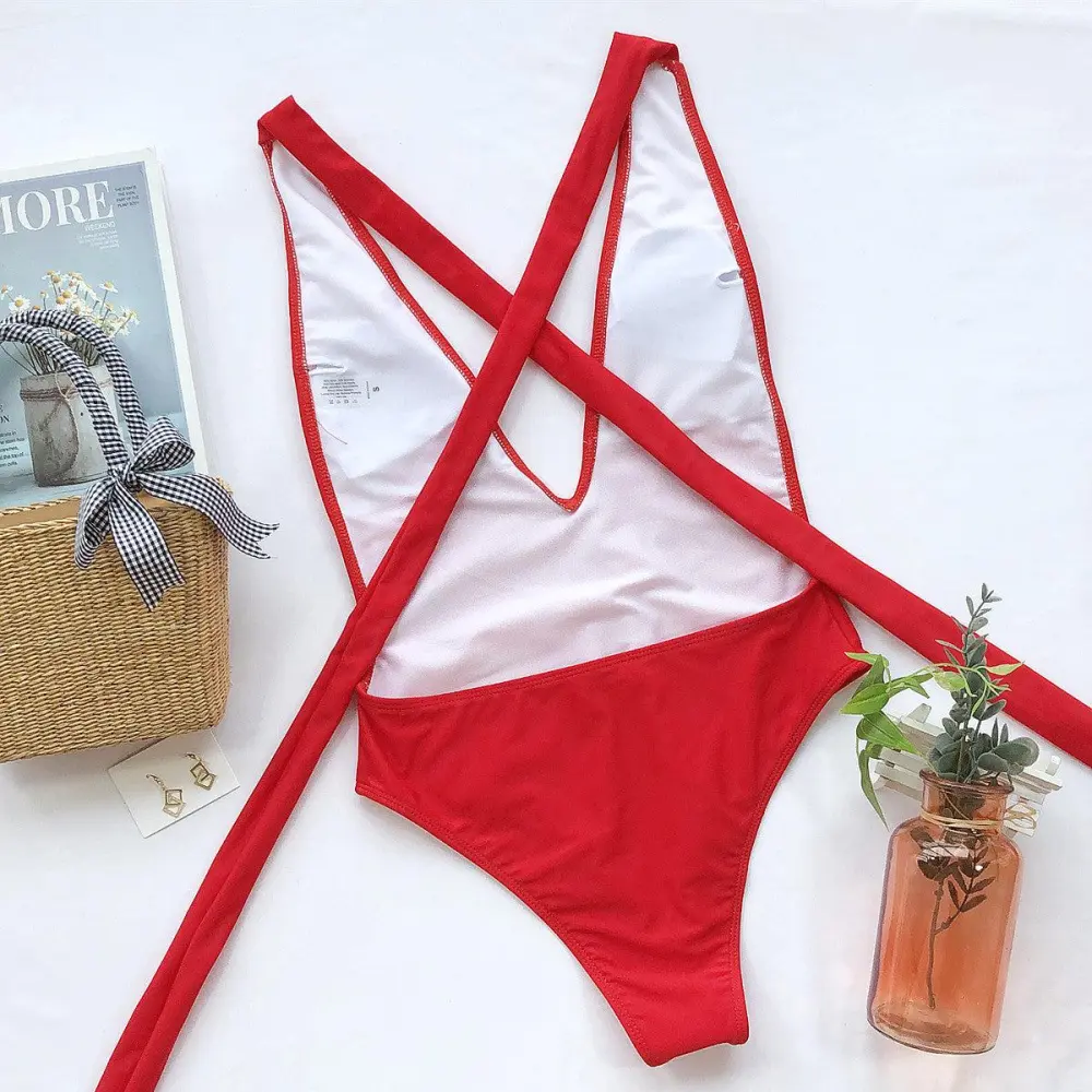 Halter Neck Deep V Tied One Swimsuit