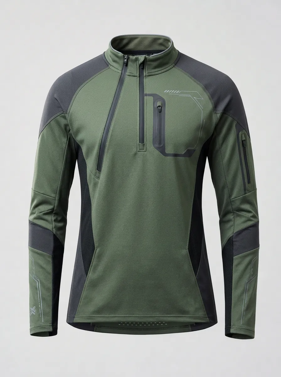 Men's Tactical Outdoor Sport Olive Green Printed Quarter-Zip Shirt
