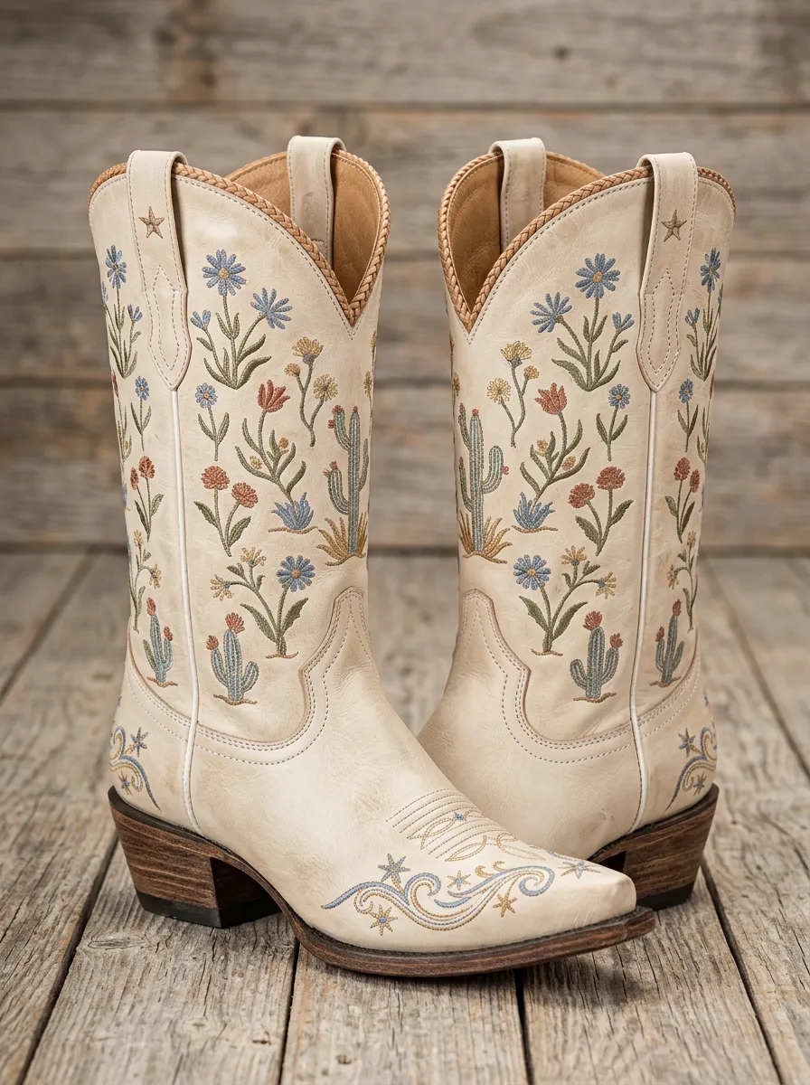 Women's Western Cowboy Cactus Floral Embroidery Floral Heart Cowgirl Boots
