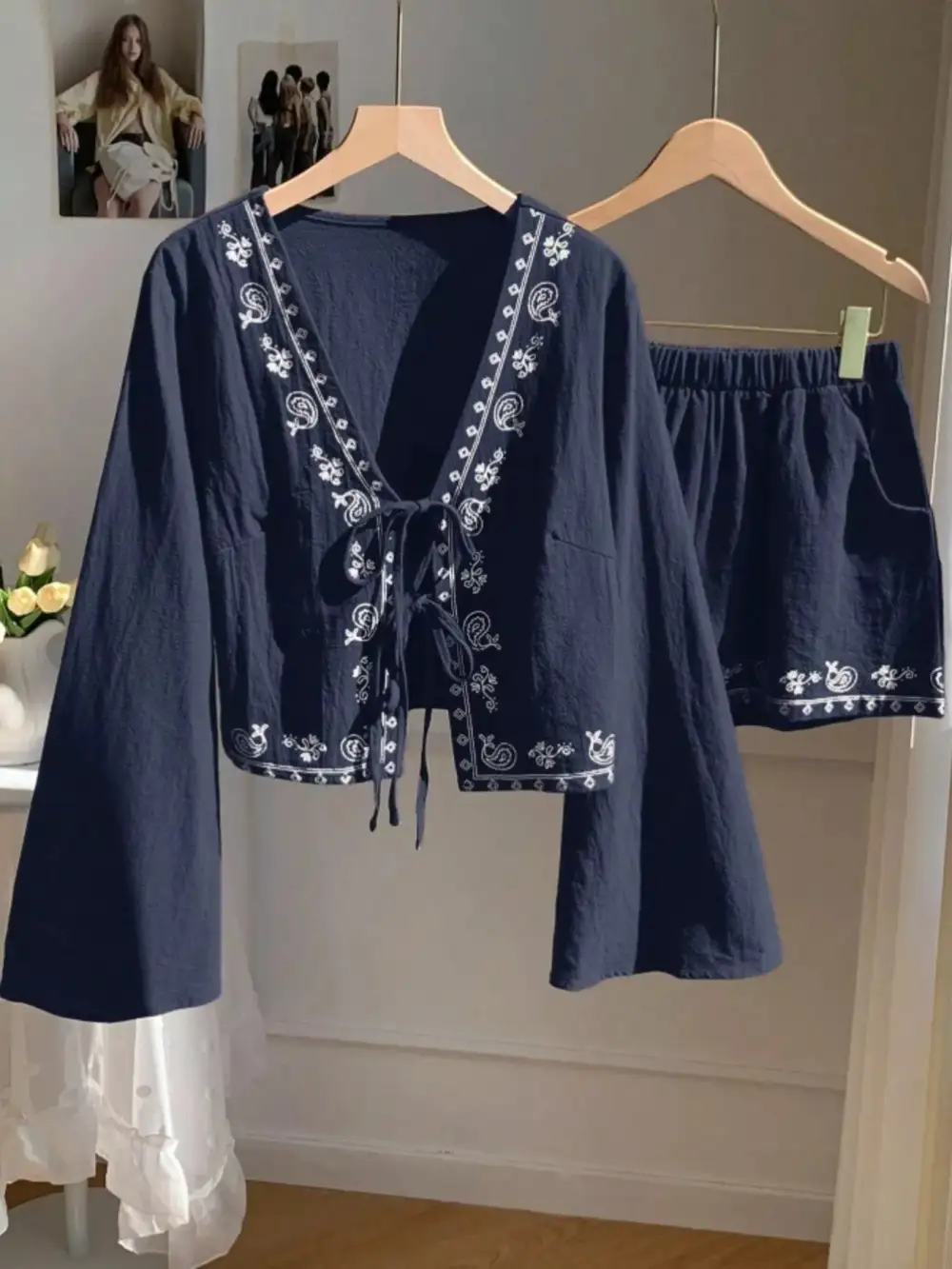 Embroidered Tie Front Top & Shorts Set