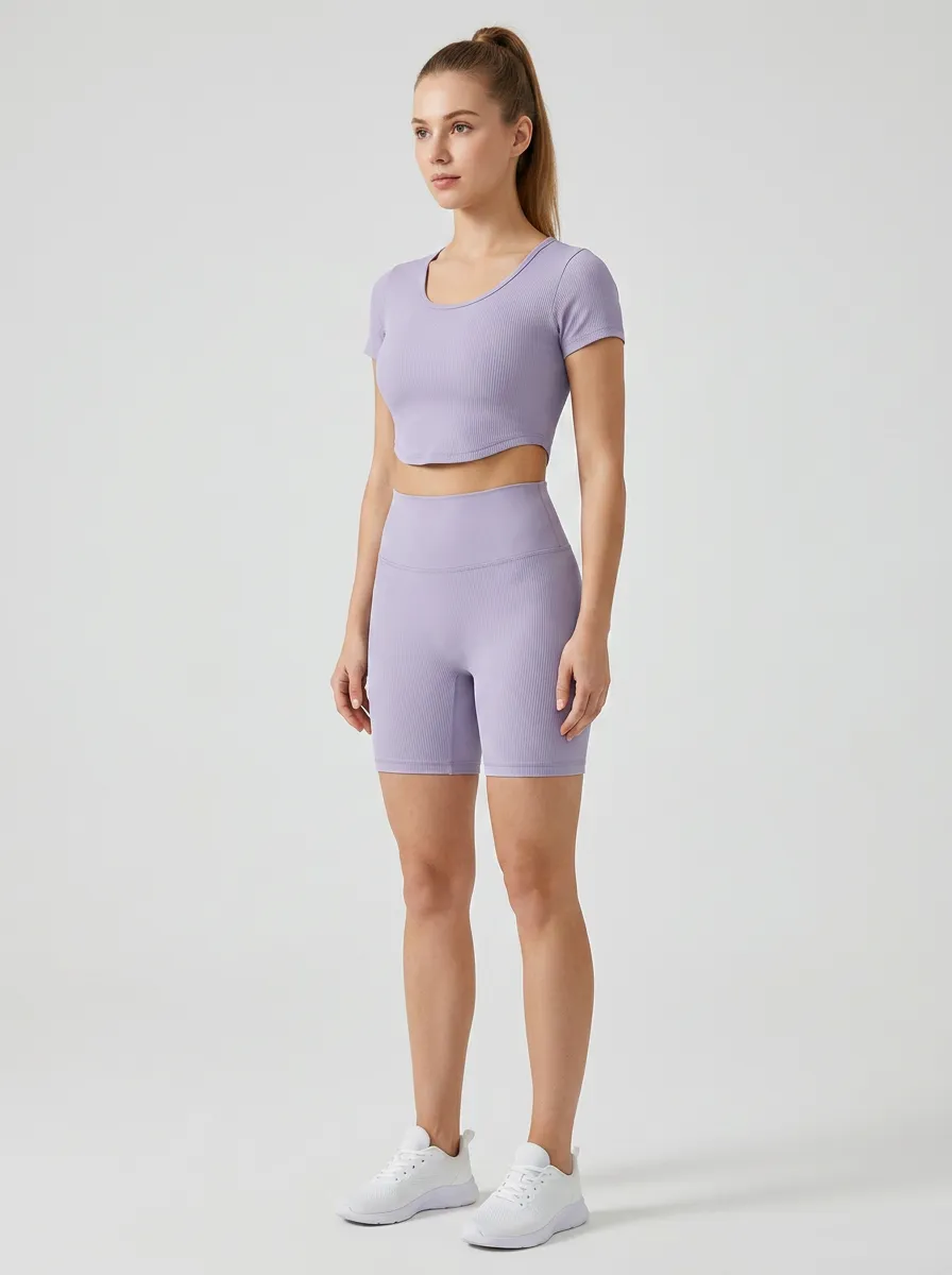 Women's Yoga Fitness Lavender Ribbed Seamless Crop Set