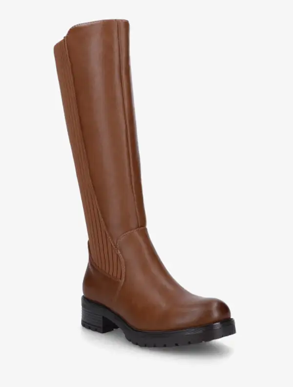 Tailored Stretch Panel Block Heel Faux Leather Knee High Boots