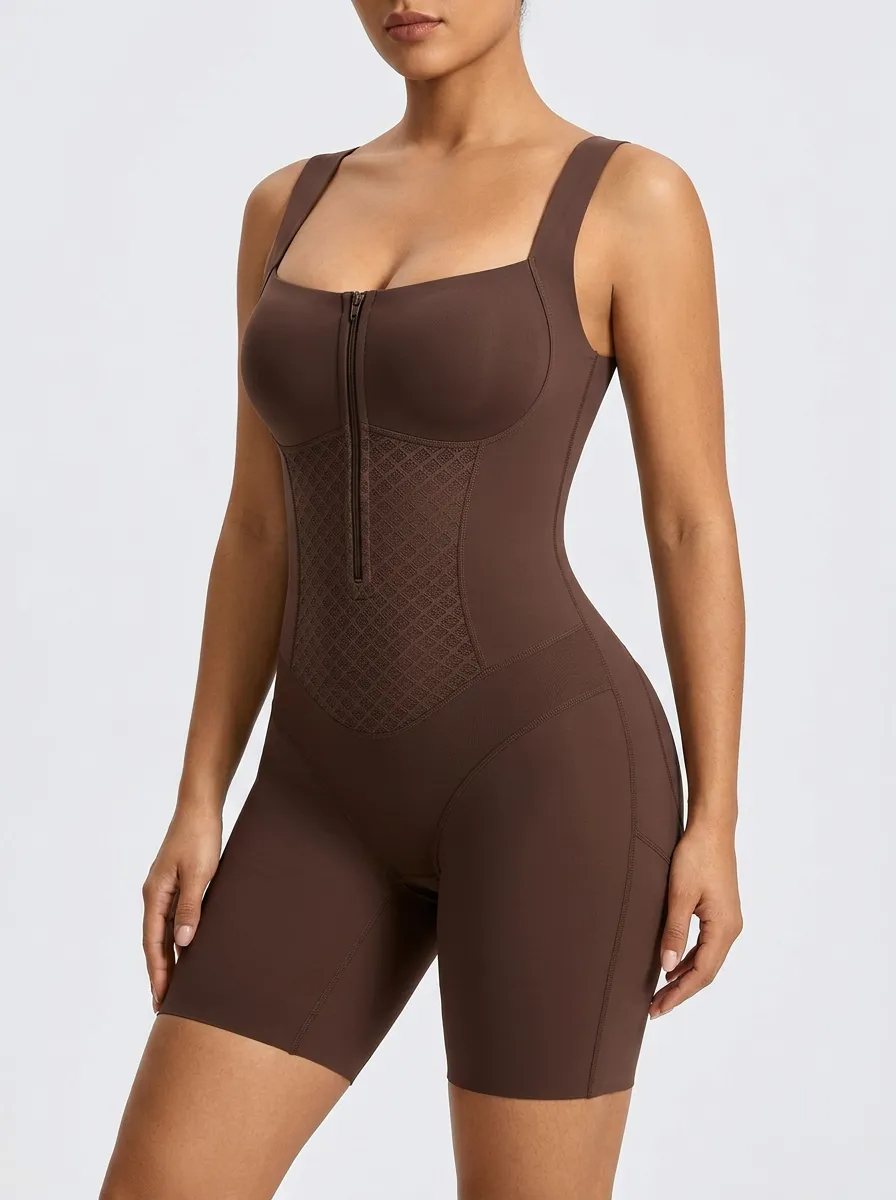 Women's Tummy Control Brown Zippered Diamond-Textured Shapewear Bodysuit