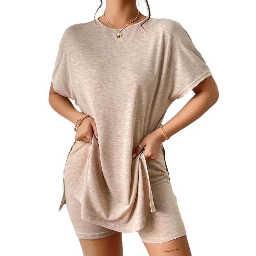 Slit Round Neck Short Sleeve Oversized Top and Shorts Set