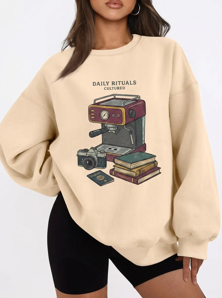 Women's Coffee Lover Daily Rituals Espresso Camera Book Printed Sweatshirt