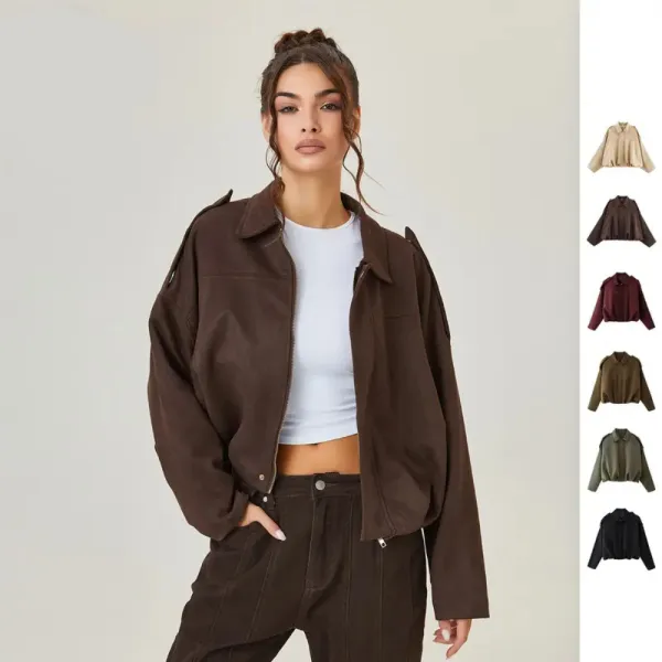Women's Winter Vintage Solid Color Collared Zipper Long Sleeve Jacket, Cozy Outerwear for Lady