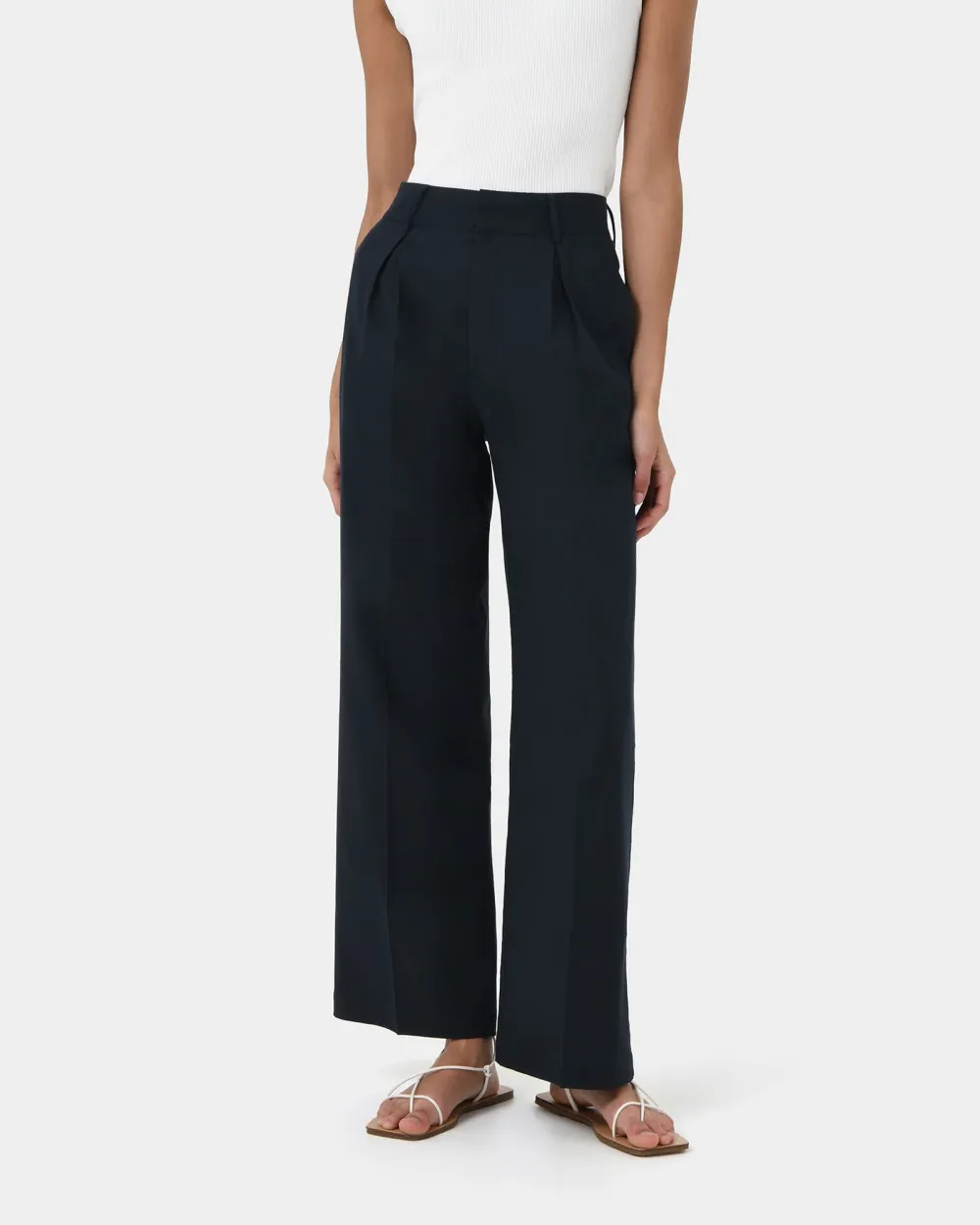 High Waisted Design Linen Tailored Pants -Navy