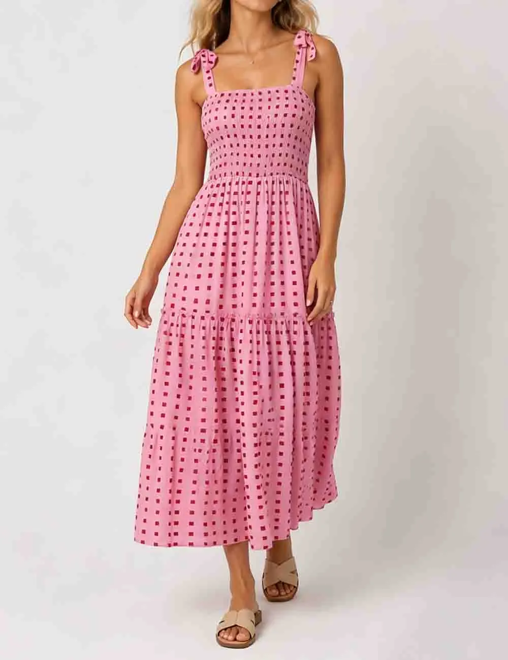 Abstract Smocked Strap Square Neck Midi Dress