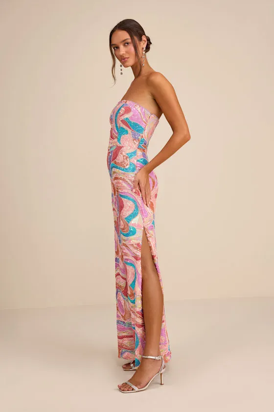 Kera Pink Multi Sequin Strapless Maxi Dress