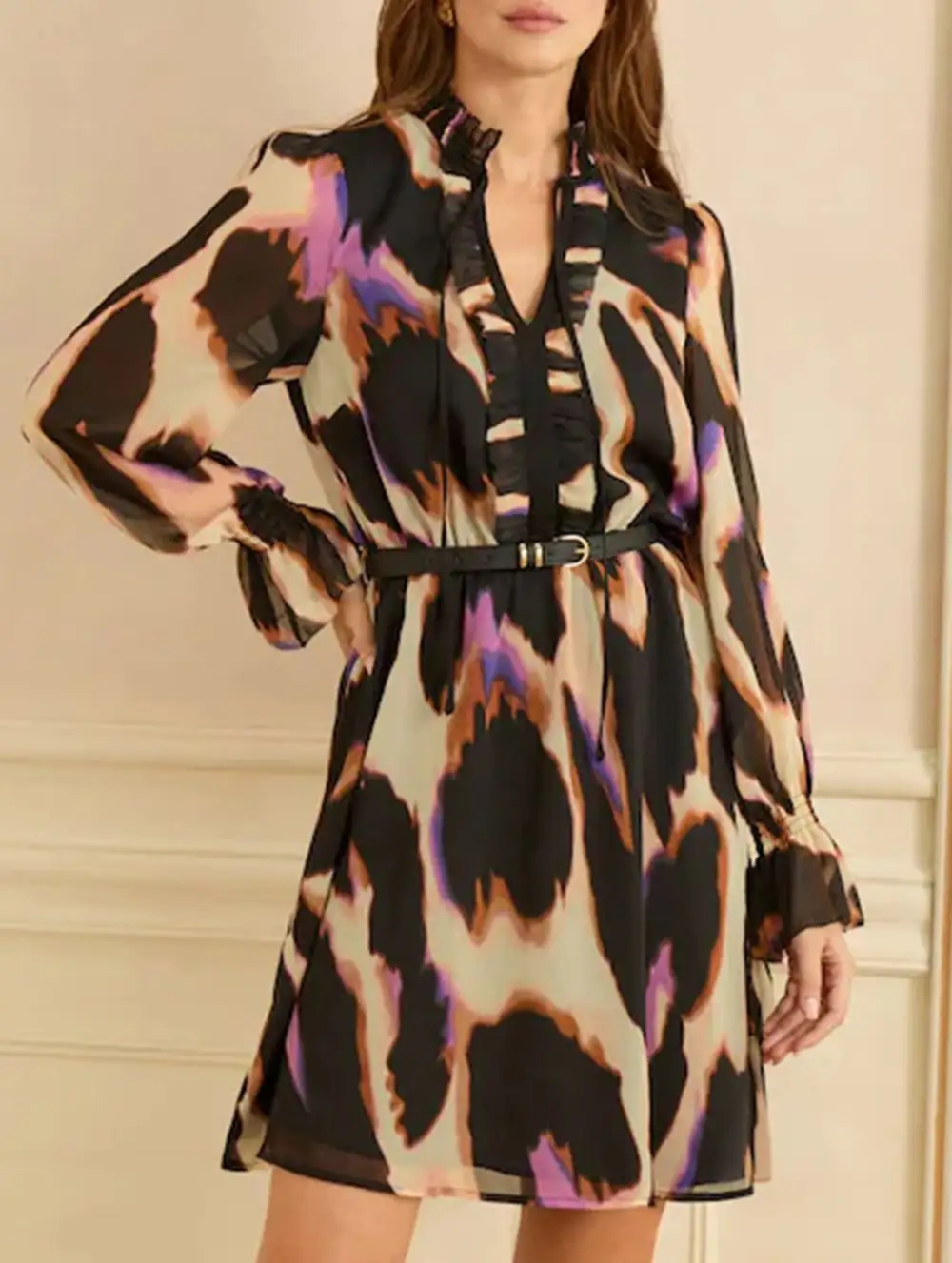 Printed V-Neck Bell Sleeve Slim Dress