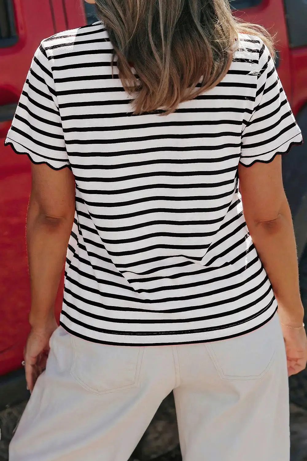 Beaded Striped Scalloped Trim Round Neck T Shirt