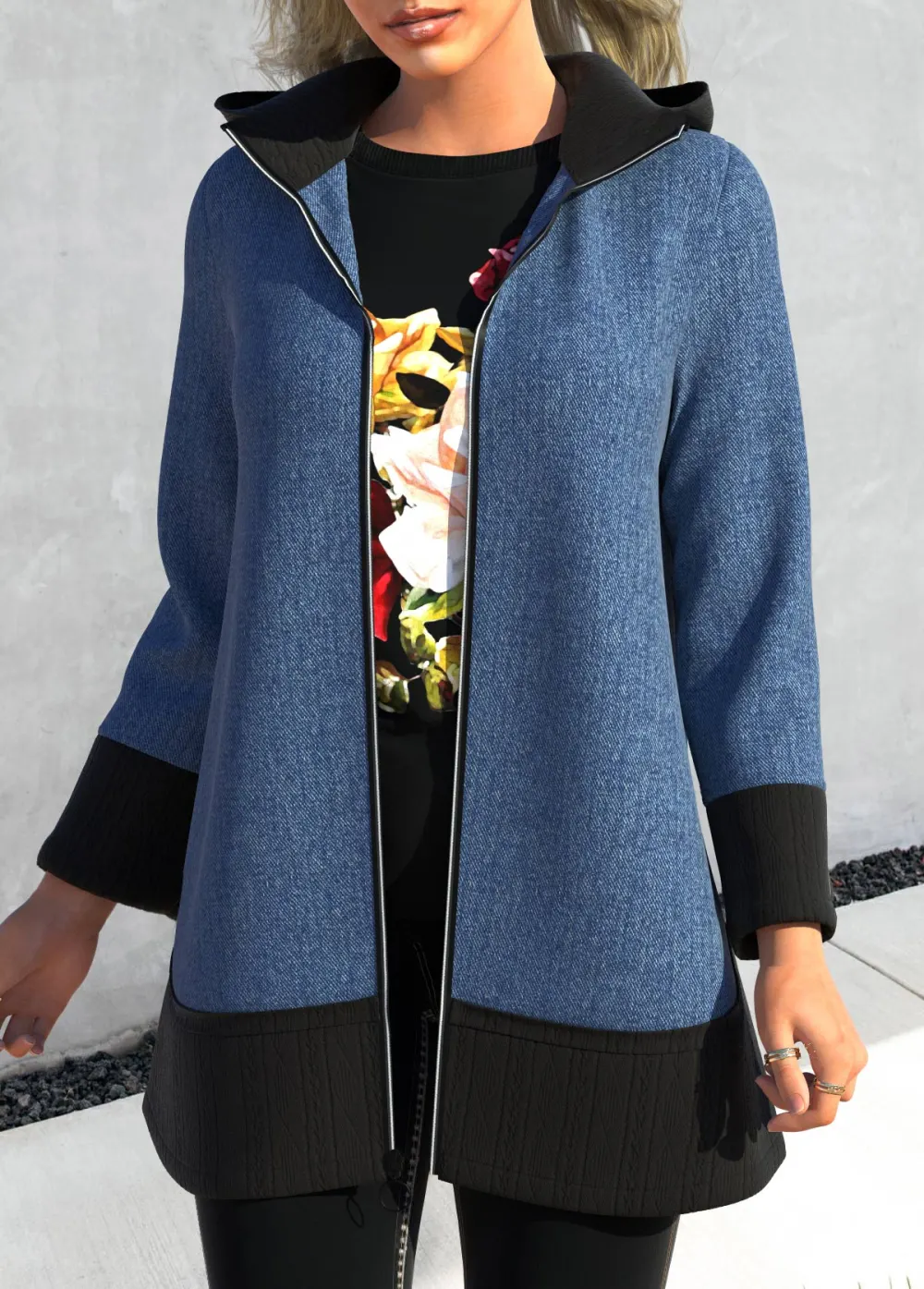 Denim Blue Zipper Long Sleeve Hoodie