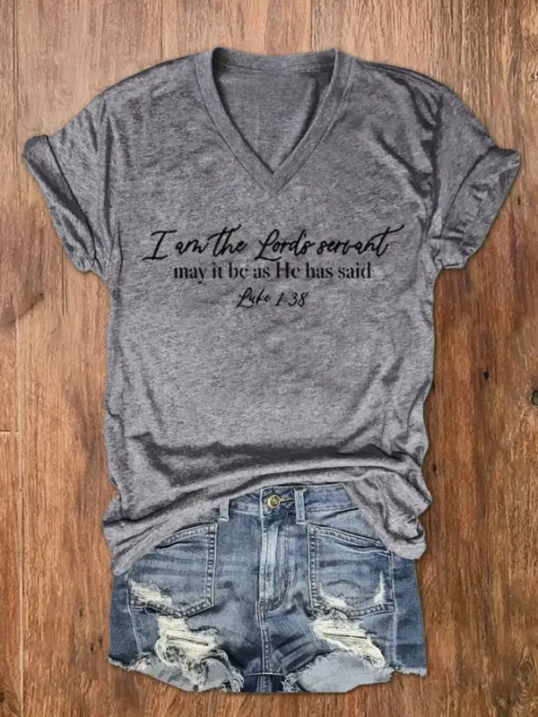 Women's I am the Lord's Servant - Luke 1:38 Scripture Print V-Neck T-Shirt