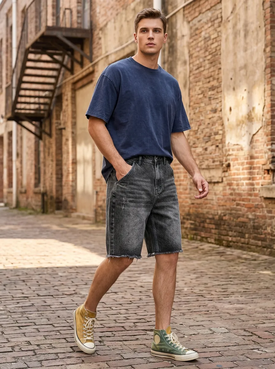 Men's Denim Five Pocket Detail Raw Hem Denim Shorts