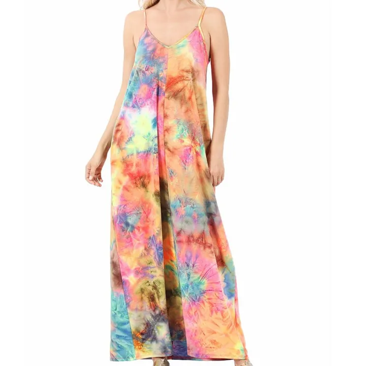 Women's Easy-Wear Pocketed V-Neck Tie-Dye Maxi Dress