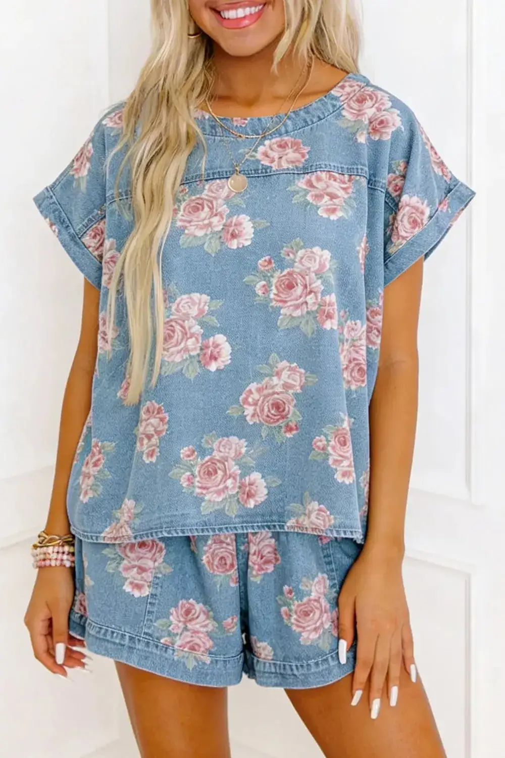 Denim Cotton Floral-Print Top and Shorts Matching Set