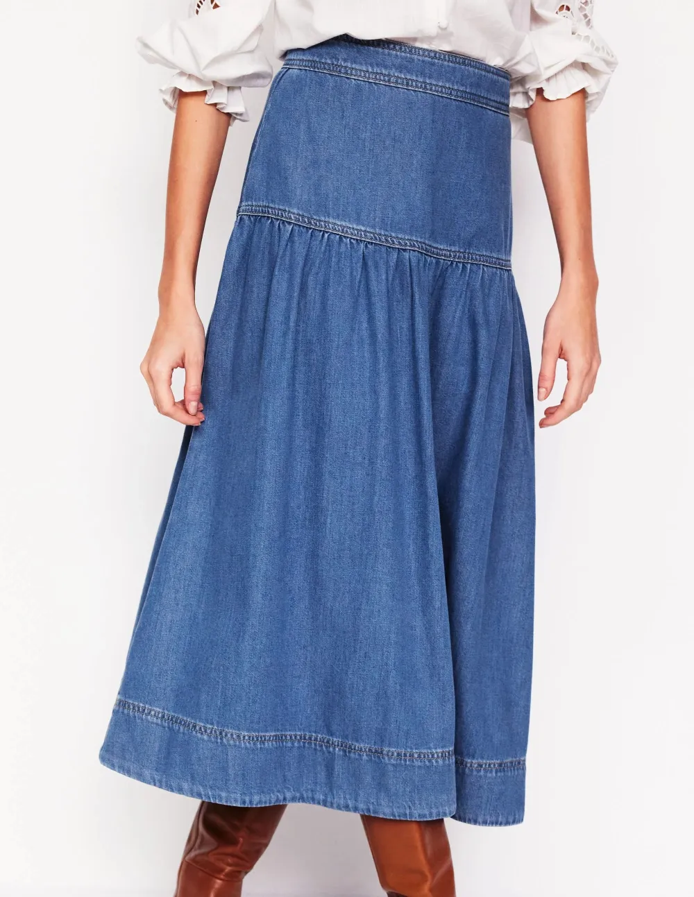 Yoke Detail Denim Midi Skirt