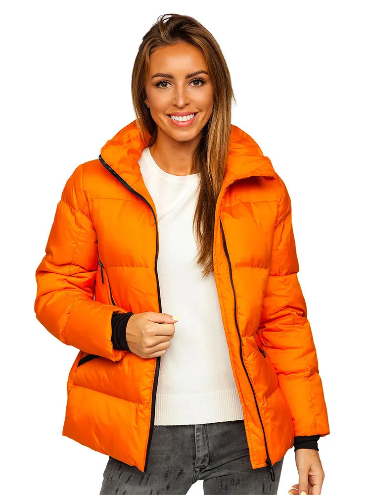 women's orange quilted winter jacket without hood