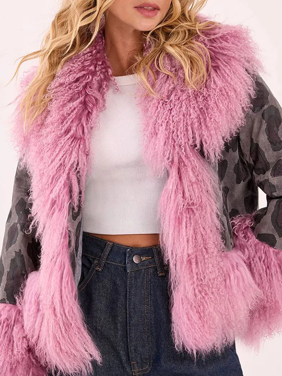 Women's Contrast Fuzzy & Leopard-Print Cropped Jacket