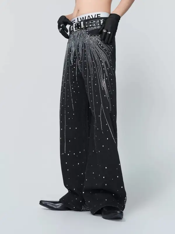 Wide-Leg Embellished Zip-Detail Jeans