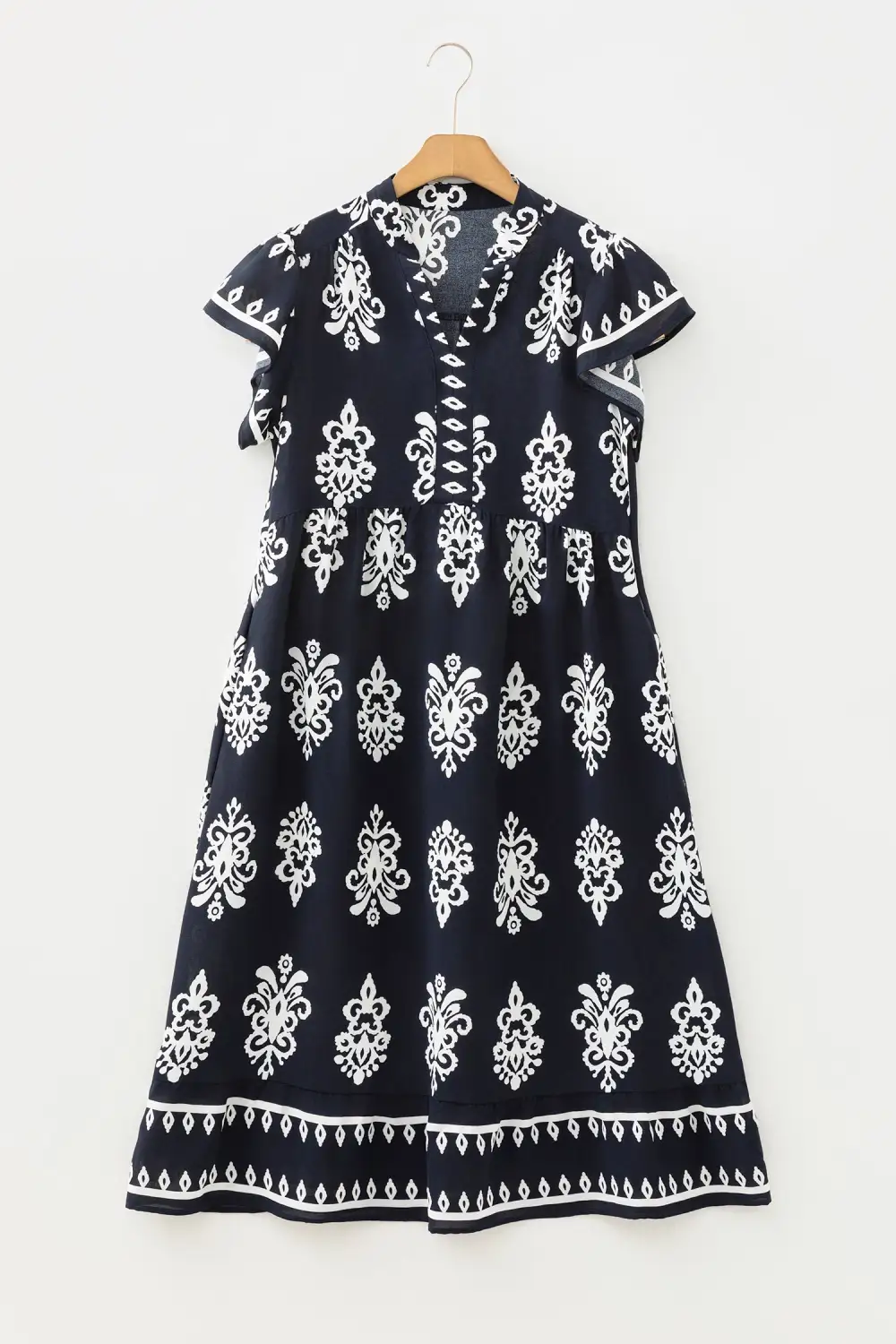 Printed Split Neck Short Sleeve Midi Dress