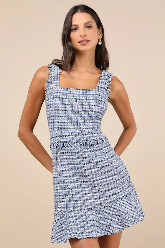 Adorably Luxurious Blue Tweed Raw Edge Sleeveless Mini Dress