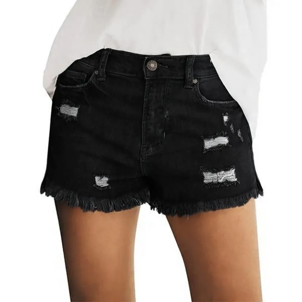 Women's Casual Mid Rise Denim Shorts Stretch Ripped Raw Hem Jean Shorts