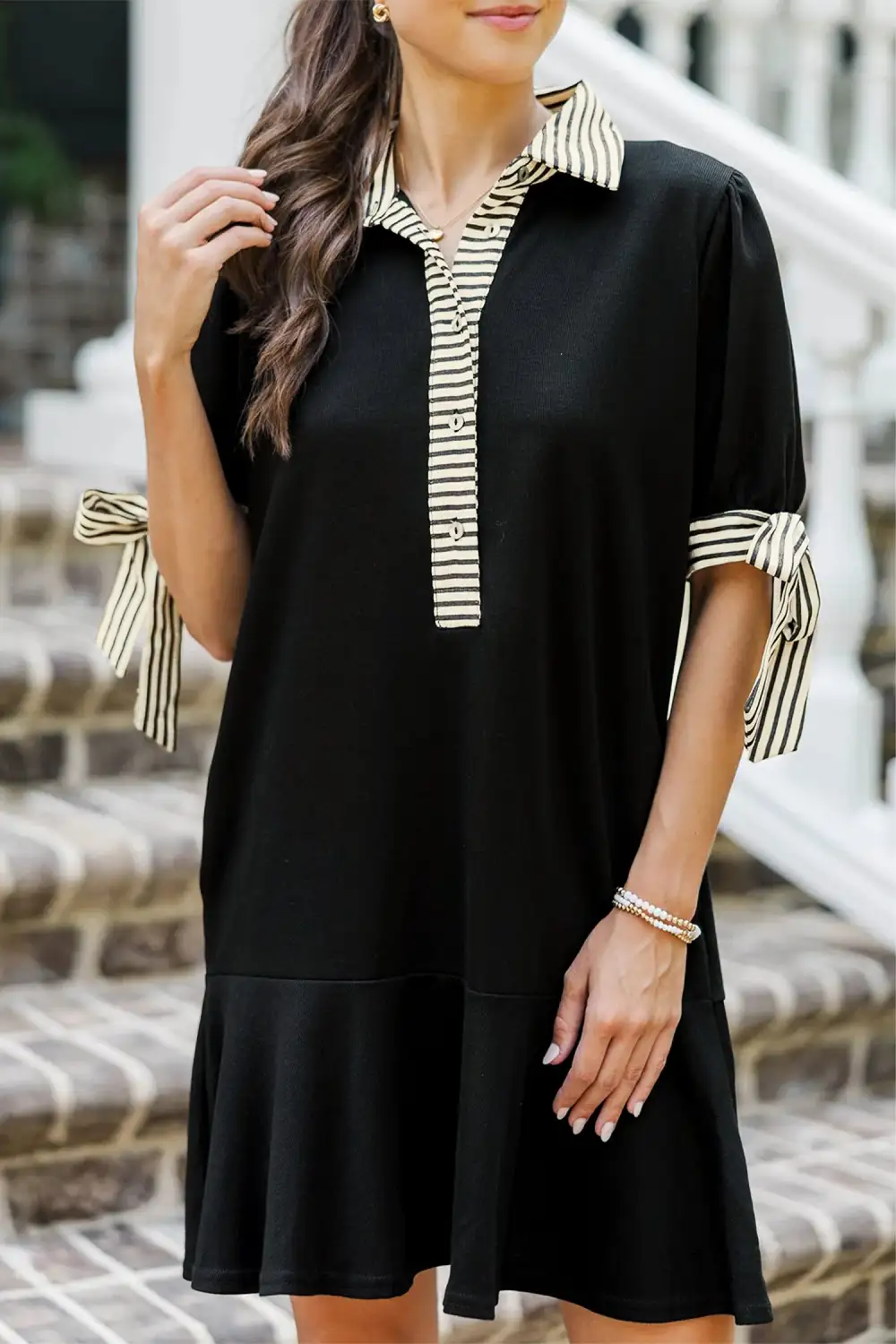 Striped Half Button Short Sleeve Mini Dress