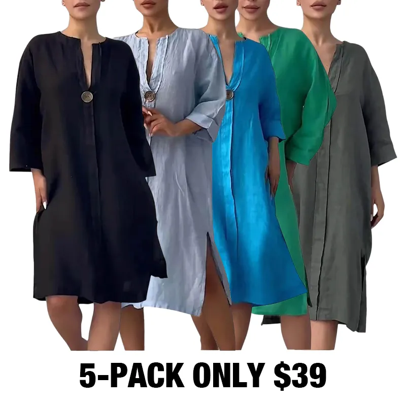 Women'S Solid Color Casual Cotton And Linen Dress-5-PACK