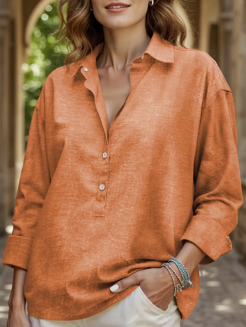 Button Detail Loose Long-Sleeved Shirt