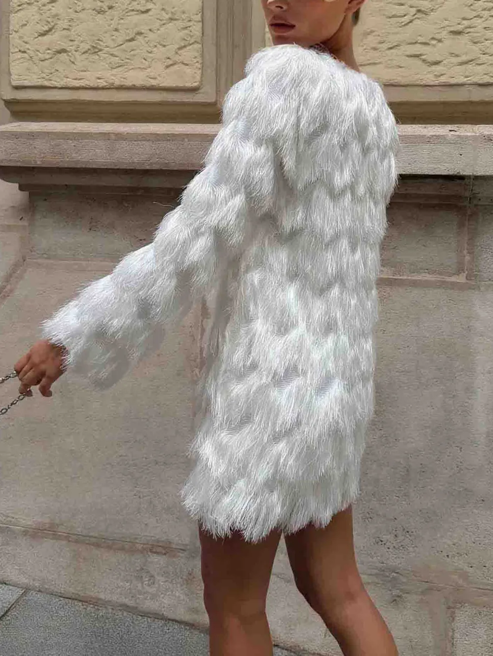 Textured Fringe Long Sleeve Elegant Mini Dress