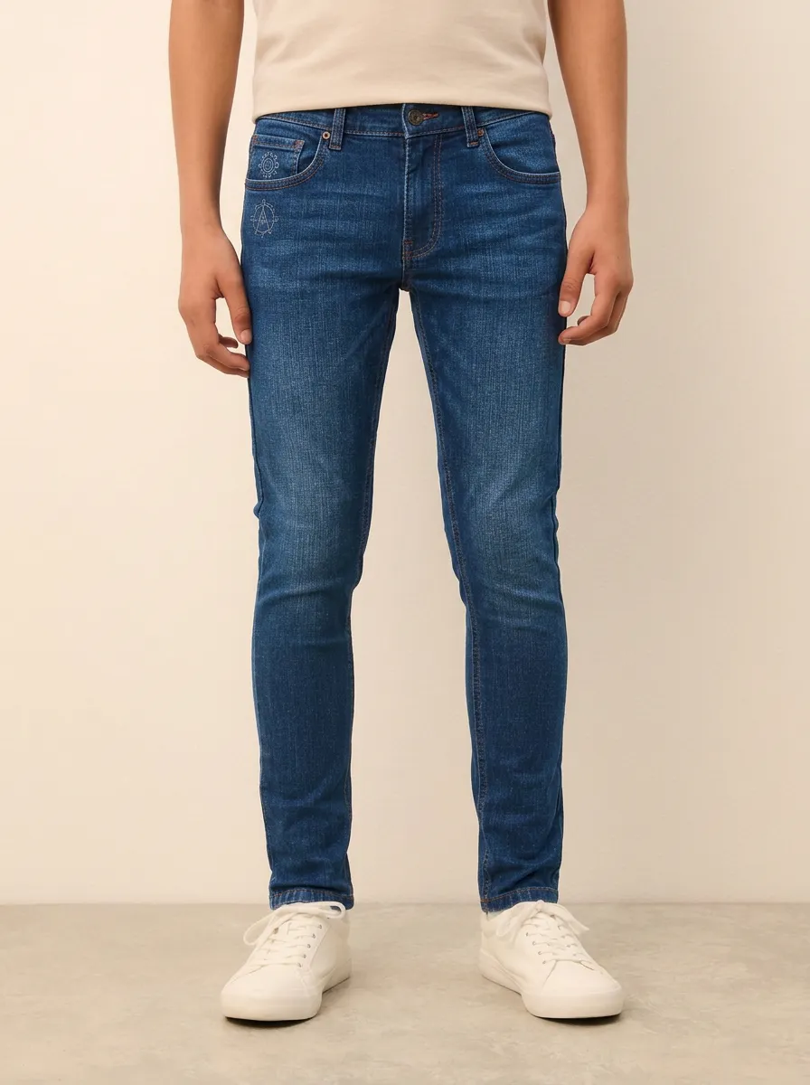 Men's Classic Comfort Geometric Emblem Embroidered Stretch Denim Jeans
